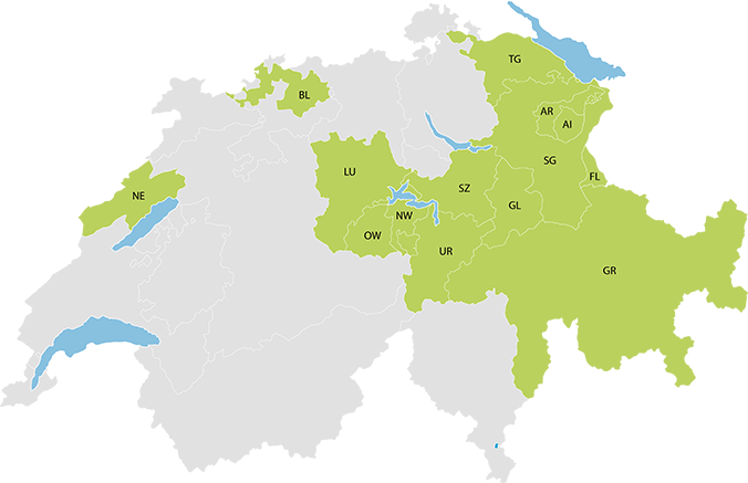 Karte mit Kundenkantone AI, AR, BL, GL, GR, NE, NW, OW, SG, SZ, TG, UR und Fürstentum Liechtenstein